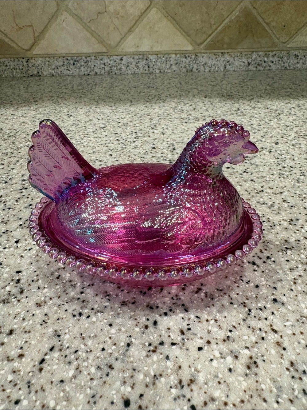 Iridescent Pink Glass Hen on Nest Decorative Dish